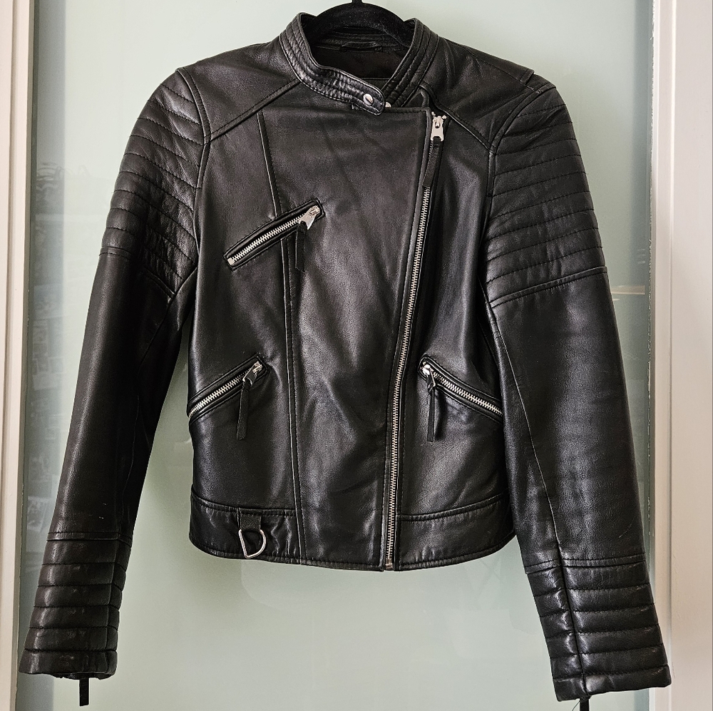ZARA Womens Size Small Black Leather Trafaluc Outerwear Biker Moto Assymetrical